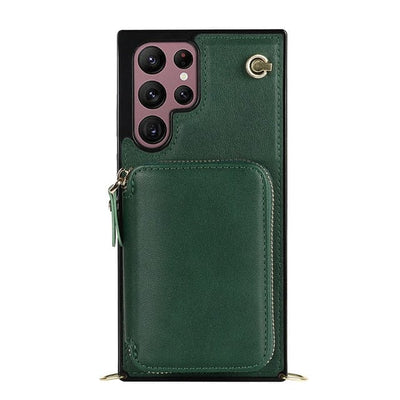 Leather Wallet Case With Lanyard For Samsung Note Galaxy S9 / Emerald